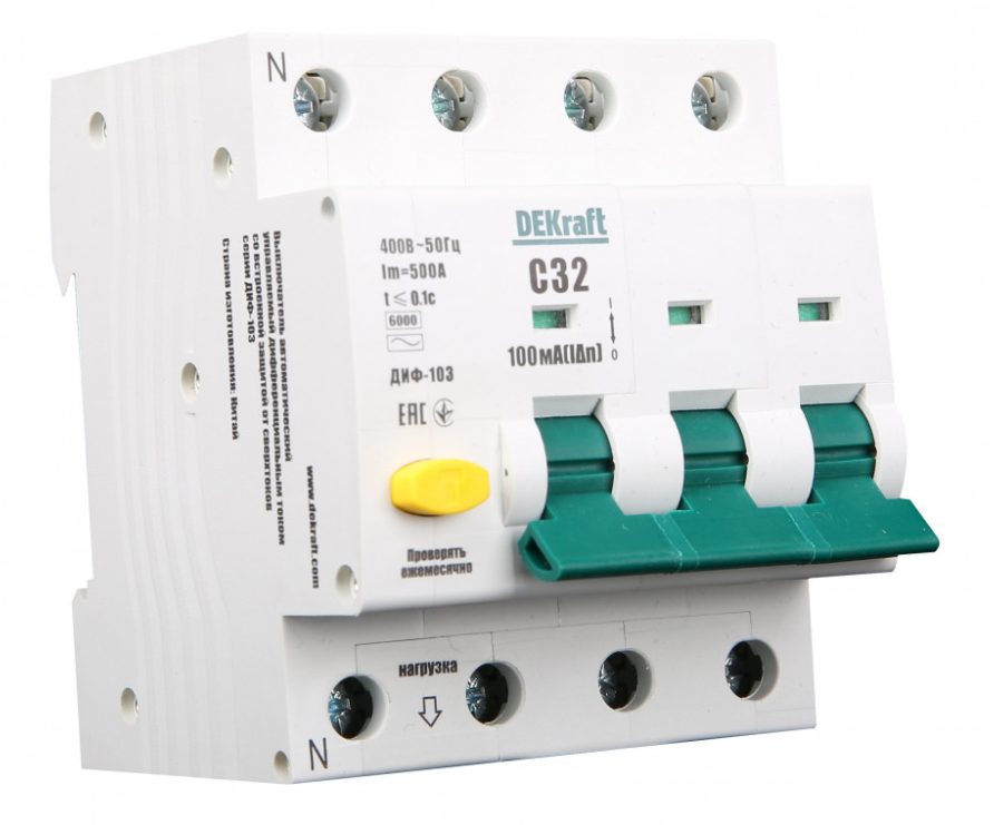 Дифференциальный автомат  3П+N  10А  30мА  DEKraft  тип A  характеристика С  АВДТ  ДИФ-103  6кА